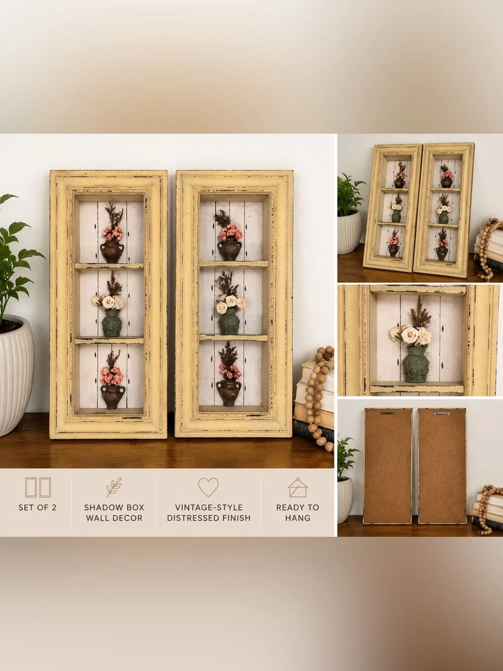 TWO Vintage Style Floral Shadow Box Wall-art|Distressed Cottage Farmhouse decor